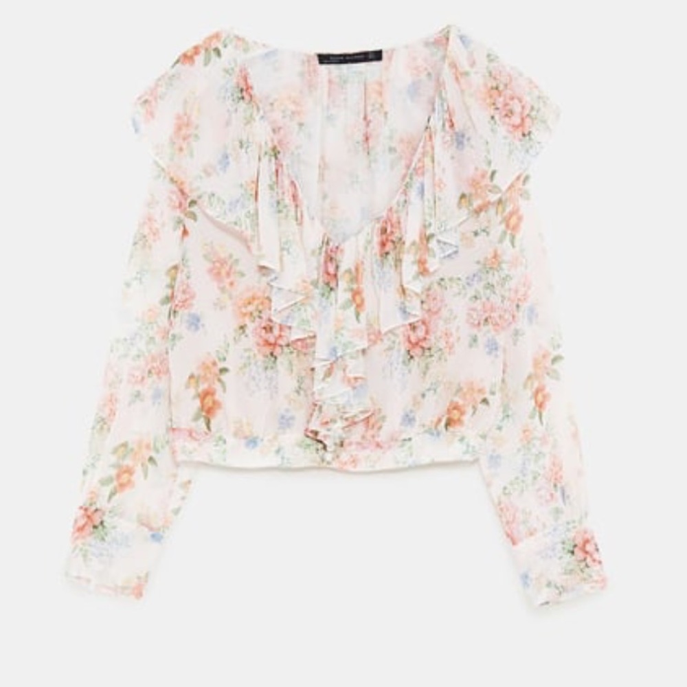 Floral print ruffled low v neckline blouse Zara L